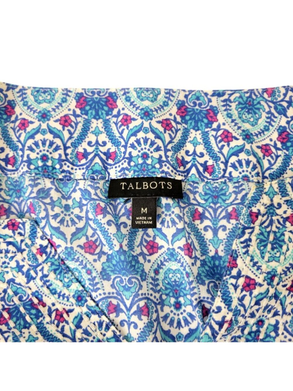 Talbots Blue Paisley Print Split Neck 3/4 Sleeve Blouse Women's Medium - Picture 2 of 5
